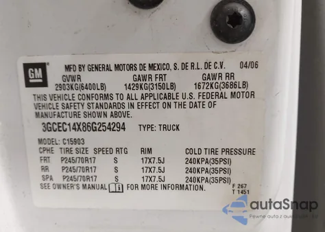 2006 Chevrolet Silverado 1500 Work Truck from USA, damaged, VIN 3GCEC14X86G254294